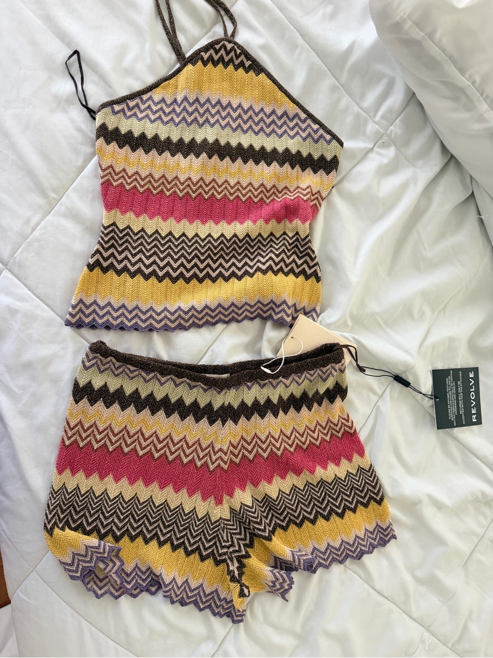 Faithfull Brand Zigzag Knit Top and short with Metallic Brown and Purple Accents